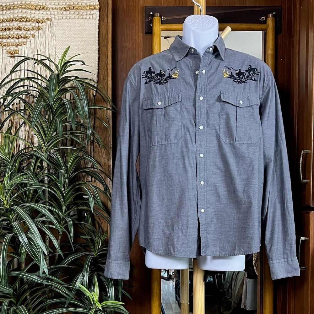 Howler Bros Gaucho Snapshirt Mens M Gray Pearl Snap Western Embroidered Cowboy